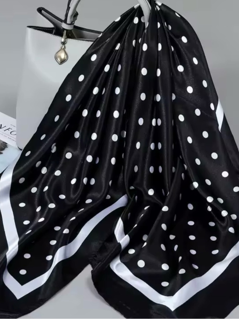 Elegant Black & White Polka Dot Satin Scarf